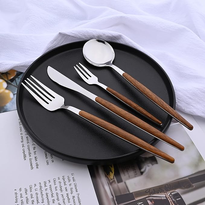 Uniturcky 16-Piece Silverware Set with Cake Fork, Silver Stainless Steel Flatware Cutlery, Eating Utensils with Wooden Effect Handle, Includes Knife, Fork, Spoon, Mirror Finish, Dishwasher Safe