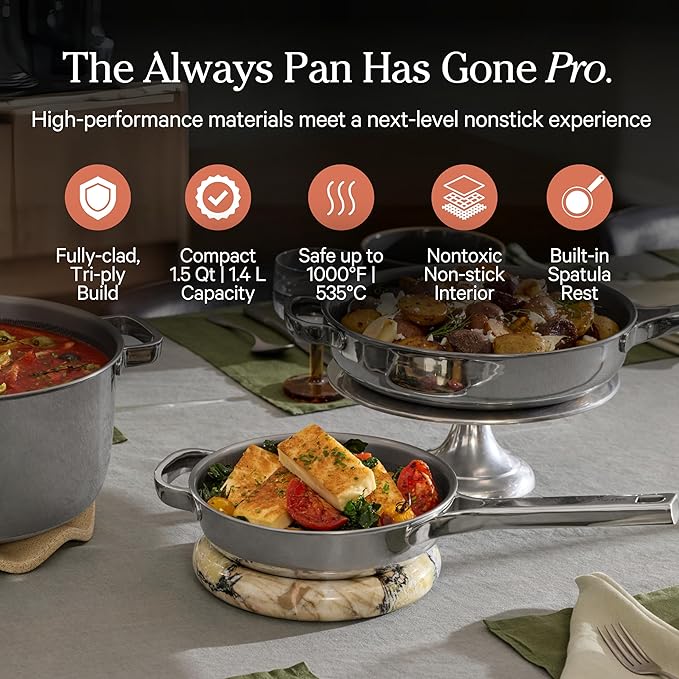 Our Place Mini Titanium Always Pan Pro | 8.5" PFAS-Free Nonstick Frying Pan with Spatula | Chef-Grade Tri-Ply Stainless Steel & Aluminum Build | Induction & Oven-Safe up to 1000°F | Chrome