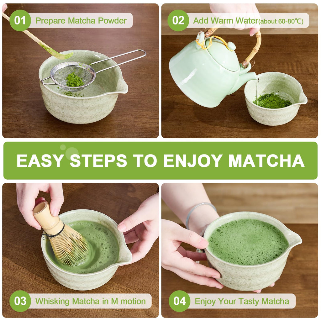 Nigwet 5Pcs Matcha Whisk Set - Matcha Bowl with Spout, 100% Bamboo Whisk (Chasen), Holder, Stainless Sifter, Tea Scoop. Japanese Ceremony Matcha Kit for Beginners, Ideal Gift for Tea Lovers (Green)