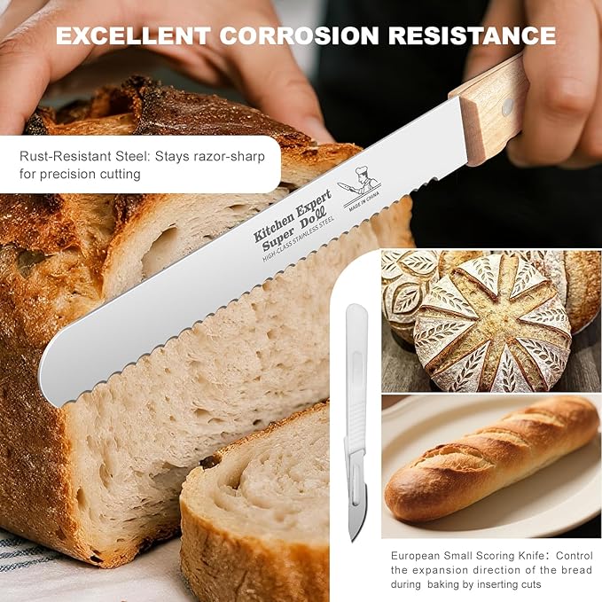 LenDLY 2-Pack Bread Knife & Bread Lame Set: 10" Premium Stainless Steel Serrated Knives Blade with Wood Handle for Homemade Bread, Sourdough Tomato, Bagel + Dough Scoring Tool for Razor Sharp Carving