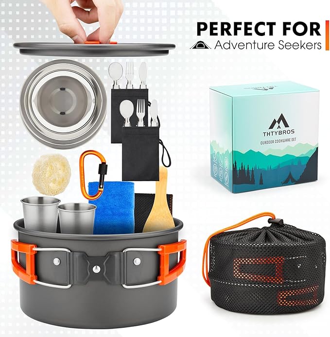 THTYBROS 17pcs Camping Cookware Kit, 0.45Gal Pot, 7inches Pan,0.30Gal Kettle Set with 2 Set Stainless Steel Cups Plates Forks Knives Spoons for Hiking,Camping,Backpacking,Outdoor Cooking and Picnic