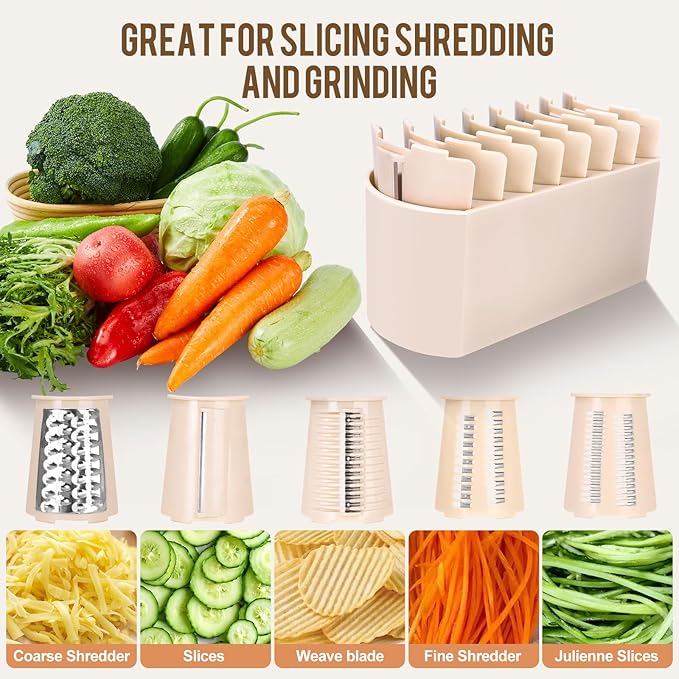 YHBRAK Rotary Cheese Grater with 5 Well-designed Blades & Strong Suction Base, Kitchen Mandoline Vegetable Slicer with Blade Storage Box(Off-white)