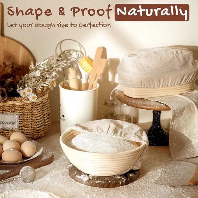 Astercook Sourdough Starter Kit with Round & Oval Banneton Bread Proofing Basket, Starter Jar, Dough Whisk, Scrapers, Stencils, Complete Sourdough Bread Baking Supplies, Fathers Day Gift for Men
