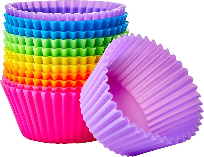 Amazon Basics Reusable Non-Stick Silicone Baking Cups, BPA Free, Muffin Liners, Dishwasher Safe, Microwave and Oven Safe, 2.9 x 2.9 x 1.3 in (LxWxH), Multicolor, 12-Pack