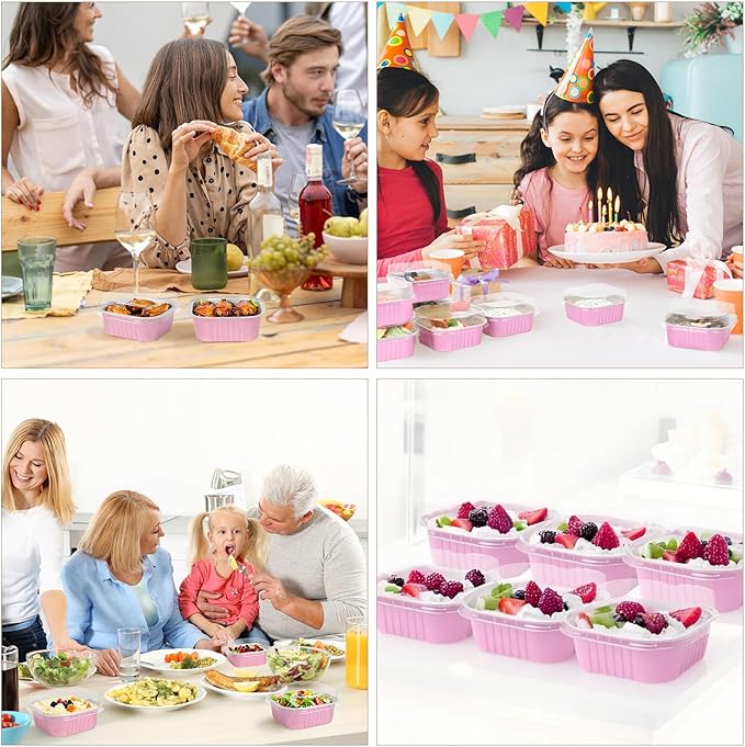 FORBFAN 150 Pack 10 oz Mini Cake Pans with Lids & Spoons, Pink Foil Square Dessert Cups, Disposable Baking Tins for Party, Catering, Gifting & Small Bakery
