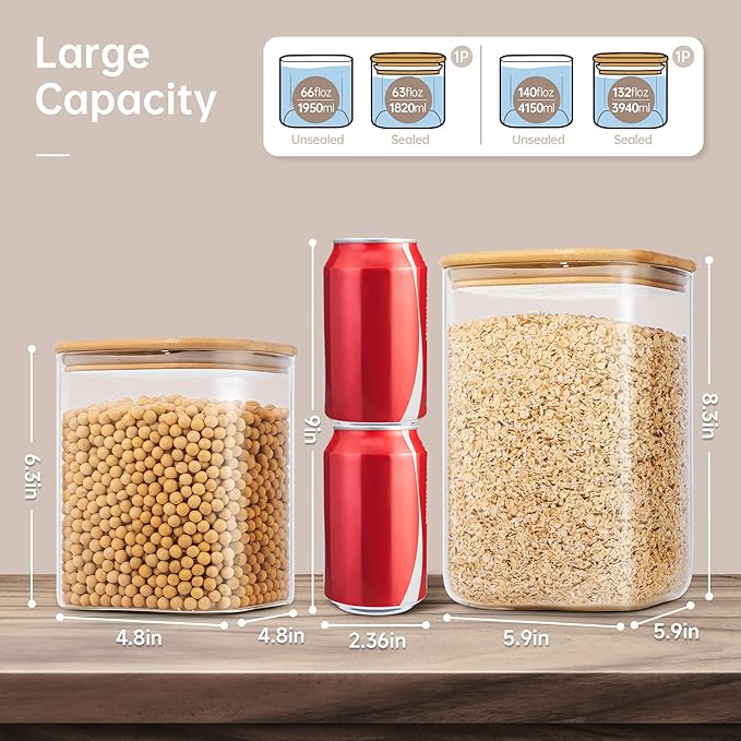 132oz & 63oz Large Glass Storage Containers with Lids for Pantry Storage-2P