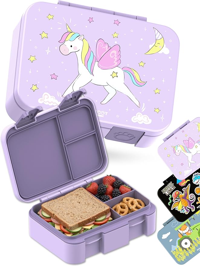 BEARFOOT Kids Lunch Box with Compartments – Compact & Lightweight | Leak-Proof, BPA-Free, Dishwasher Safe | Hand-Drawn Design for Preschool, School, Travel (Unicorn Purple, 2.75 Cups)