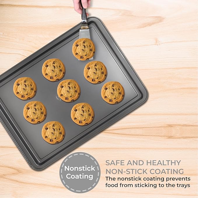 PERLLI Non-Stick 3-Piece Baking Pan Set – Carbon Steel with Even Heat Distribution, Oven Safe to 446°F, BPA-Free, Dishwasher Safe, Stackable Baking Tools for Easy Storage and Everyday Cooking - Gray