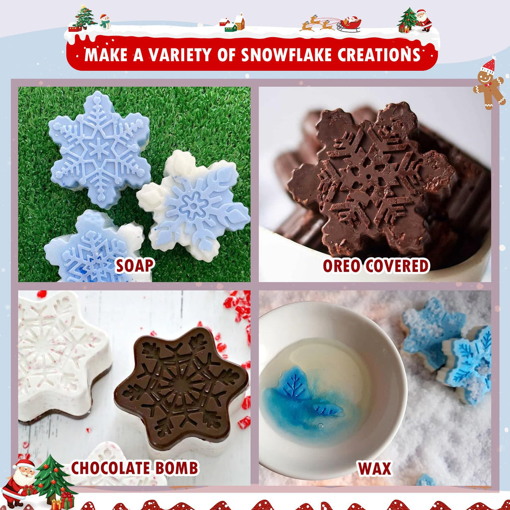 HKNMTT Snowflake Christmas Silicone Mold 12 Cavity 6 Shapes for Holiday Soap Chocolate Cocoa Bomb Ice Candy Oreo Covered Jello Xmas Winter Wax, Oven Safe Baking Frozen Moulds DIY Candle Craft Set