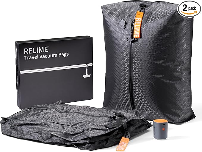 Relime Classic Series Vacuum Bags for Travel Luggage with Wireless Pump, Compression Bags for Carry On Suitcases and Backpack, Vacuum Seal Packing cube for Cloth Packing (2PC + PUMP)