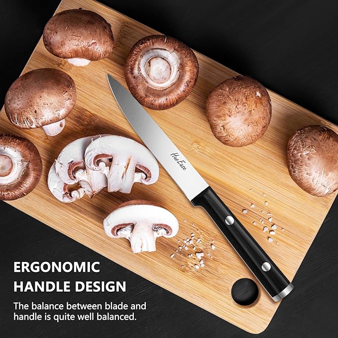 HueEase Knife Set,6-Piece Kitchen Knife for Home Use, Sharp Knife Set with Natural Acacia Wood Knife Block, Germen Steel Wood Handle Kitchen Knife Block Set, Ergonomical Design ((Ink-black))