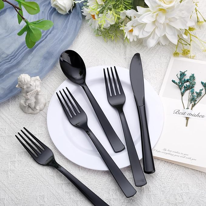 EI 360pcs Black Plastic Silverware,Disposable Cutlery,Plastic Silverware Heavy Duty,Plastic Spoons and Forks include 120pcs Forks,120pcs Spoons and 120pcs Knives,for Wedding,Graduation Decorations