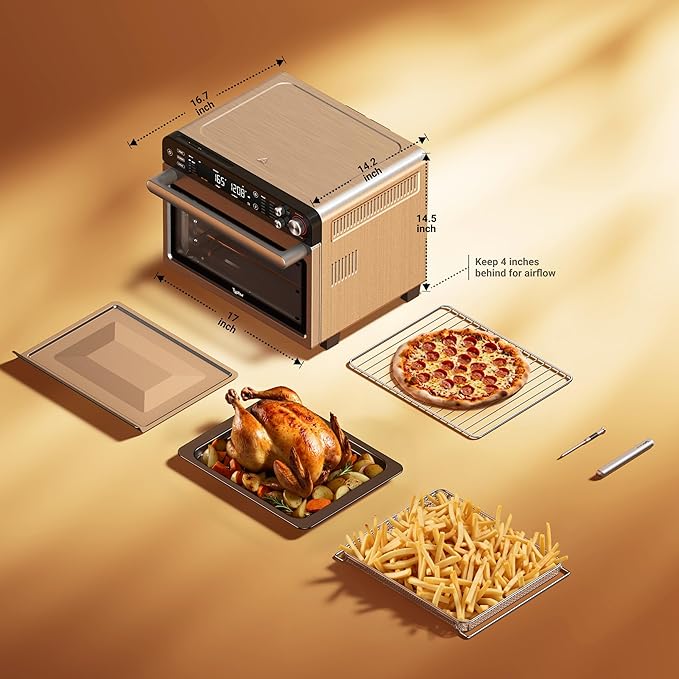Typhur Sync Oven with Smart AI Wireless Meat Thermometer Probe, 12‑in‑1 Countertop Air Fryer Toaster Oven Combo, 360° Turbo Convection, Dehydrator, Recipe & 5 Accessories, Large 27QT, Stainless Steel