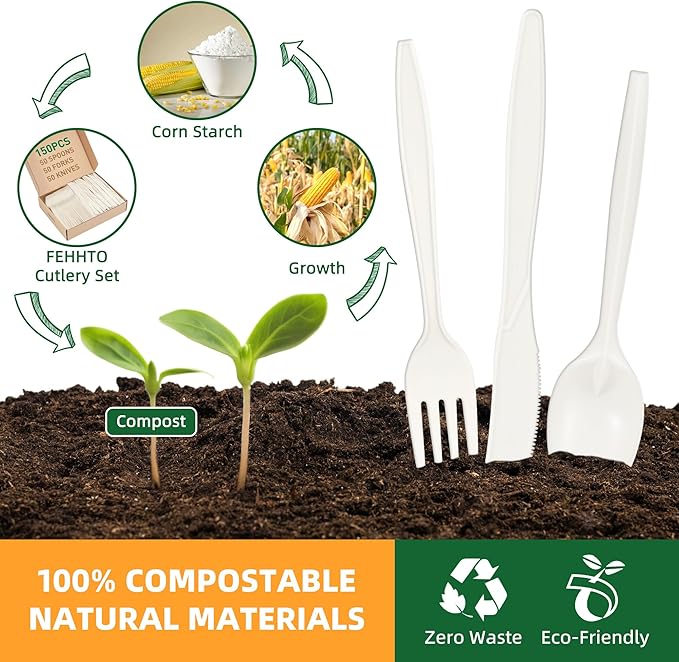 FEHHTO 100% Compostable Cutlery Set, Disposable Cornstarch Utensils Heavy Duty BPI Certified Eco-Friendly Party Supplies No Plastic-150pcs (50 Forks,50 Spoons,50 Knives)