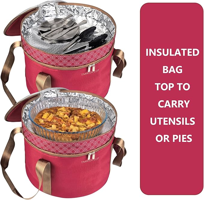 Tmrioplep 2 Pack Pie Carrier with Lids and Handles, Loadable Cupcake or Pizza Storage Containers, Includes Insulated Bags and Insulated Non-Slip Pads, Perfect for Transportation (Red)