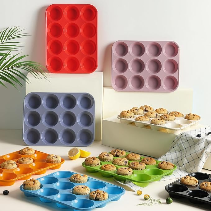 2 Pack 12 Cups Silicone Muffin Pan with Metal Reinforced Frame Regular Size Silicone Molds Cupcake Cake Baking Pans Cookie Baking Chocoflan Cupcake Mold Muffin Tray Dishwasher Safe BPA Free