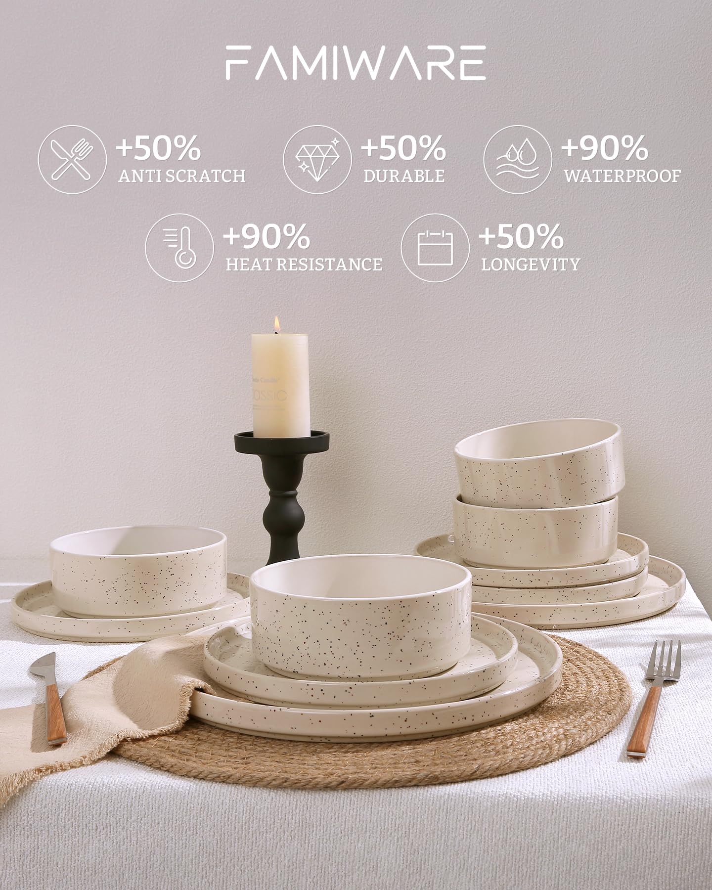 Famiware Nebula 12-Piece Stoneware Dinnerware Set, Creamy White