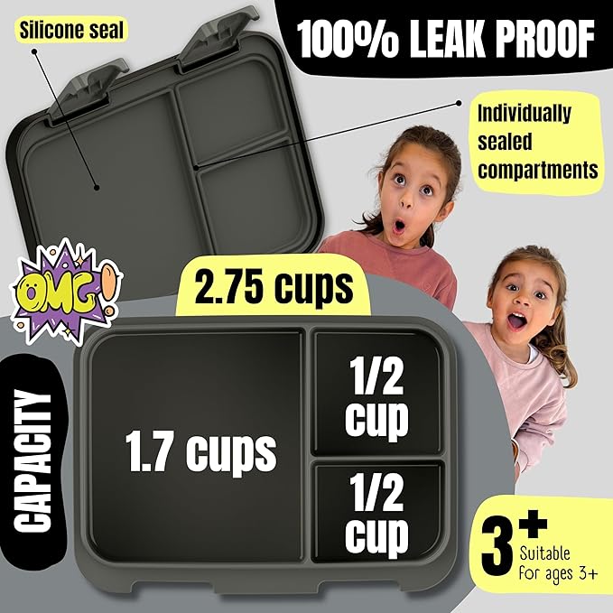 BEARFOOT Kids Lunch Box with Compartments – Compact & Lightweight | Leak-Proof, BPA-Free, Dishwasher Safe | Hand-Drawn Design for Preschool, School, Travel (Dinos Black, 2.75 Cups)