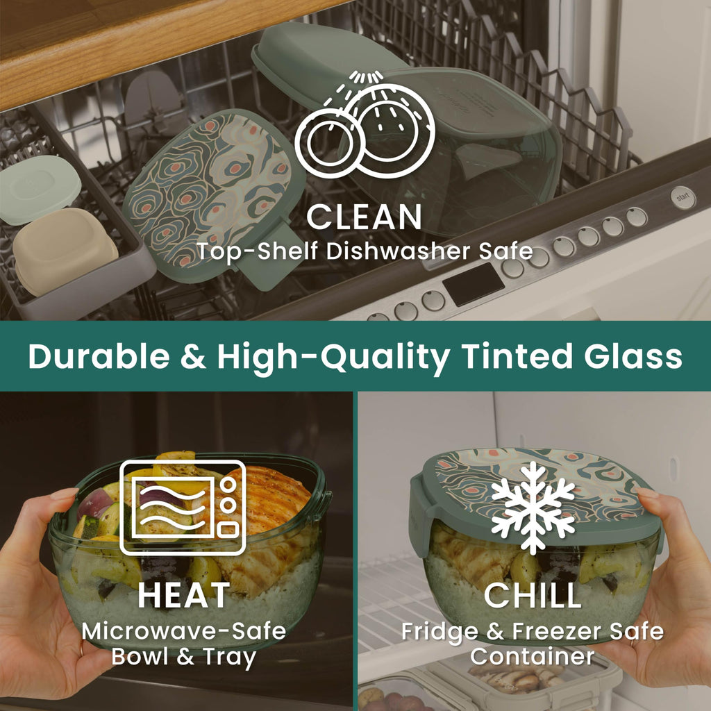 Bentgo Glass Prints Salad Container - 7.6-Cup Tinted Glass Salad Bowl with Airtight Lid, Leak-Proof Sauce Container, 4-Compartment Bento Meal Prep Tray & Reusable Fork (Floral Maximalist - Sea)