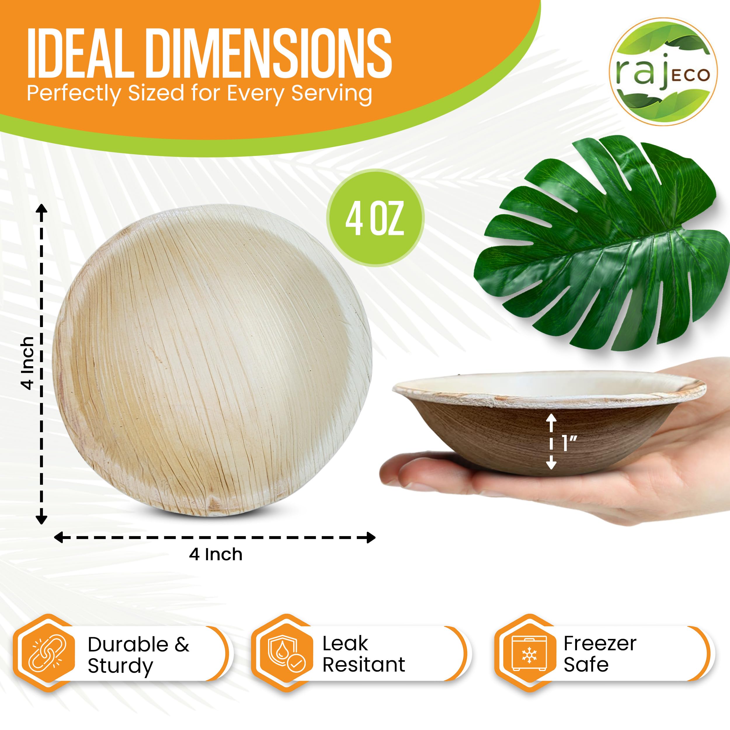 Raj Palm Leaf 4" Round Bowls, 3200 Count (16 cases) Bulk Pack