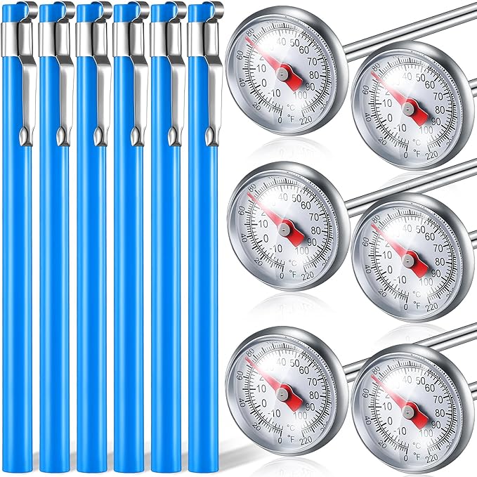 Xuhal 6 Pcs Stainless Steel Kitchen Thermometer with 5 Inch Long Stem 1 Inch Dial Thermometer Milk Frothing Food for Oven Probe Meat Grill BBQ Cooking Chocolate Water(Blue)