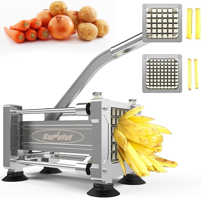 Sunvivi French Fry Cutter Stainless Steel Potato Slicer: with 2 Replaceable blades (1/2 & 3/8 Inch), Professional Fries Cutter for Potatoes, Carrots, Cucumber, Onion, Yam