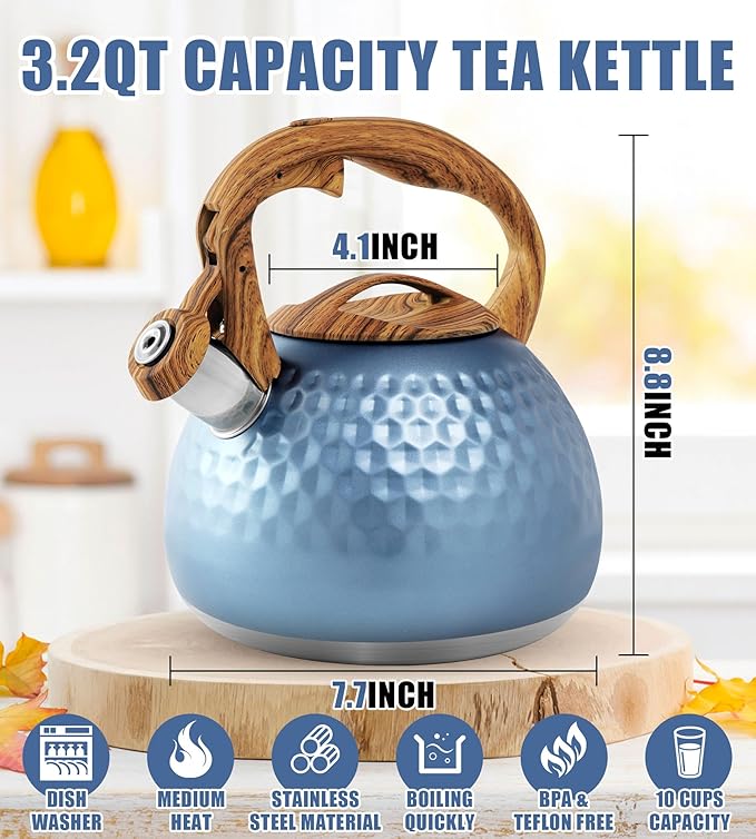 Foedo 3.2Qt Stainless Steel Whistling Tea Kettle Stovetop, Blue