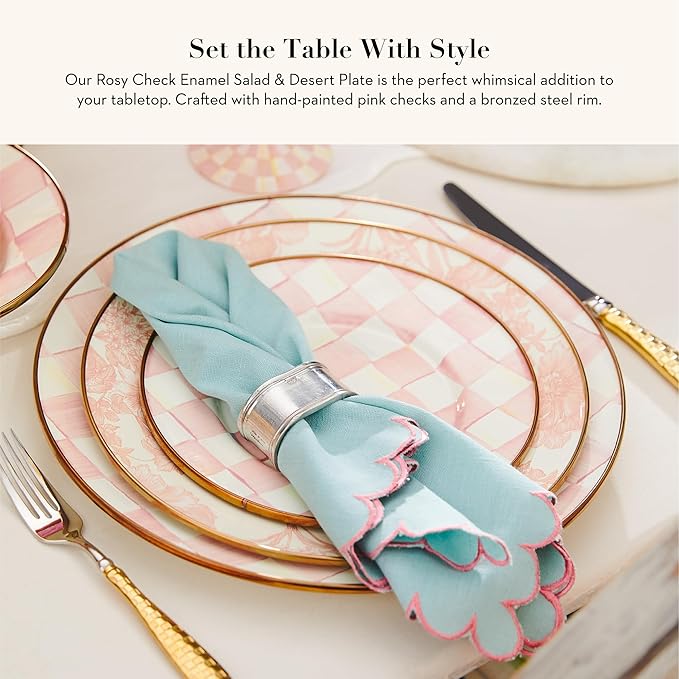 MACKENZIE-CHILDS Enamel Salad and Dessert Plate, Pink-and-White Rosy Check