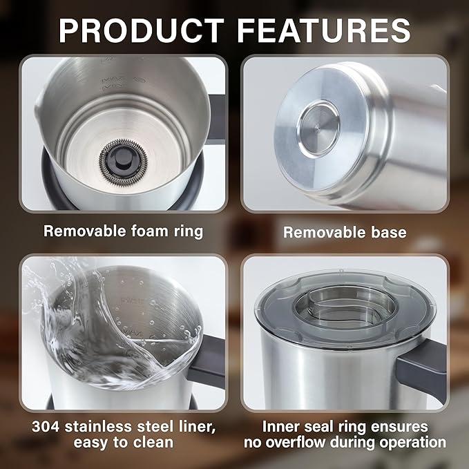 4 in 1 Milk Frother and Steamer, 500ml Stainless Steel Electric Foam Maker