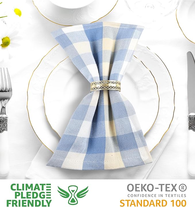 Urban Villa Cloth Napkins Cotton 20x20 (Set of 12) Blue Sand Checks