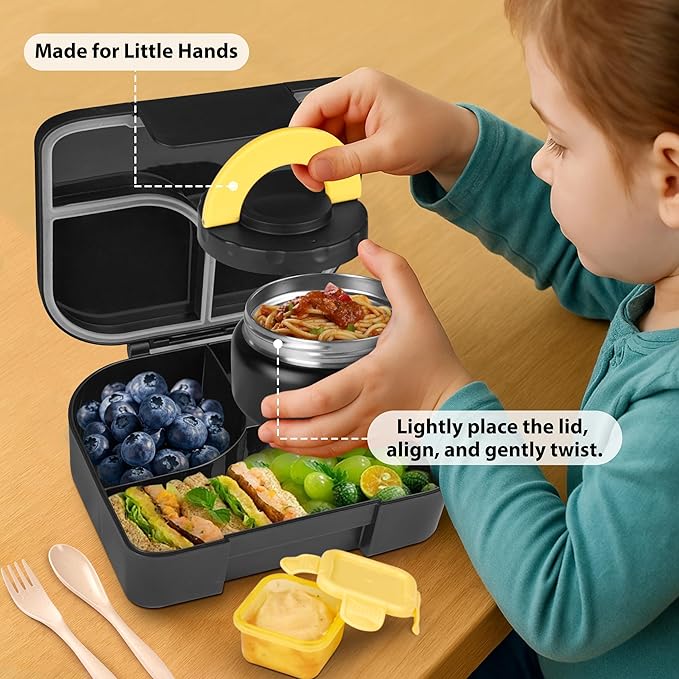 Lunch Box with Thermo Jar, Large-Capacity 3-Compartment Bento Box, Black