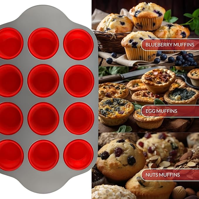 Boxiki Kitchen Non-Stick 12 Cup Silicone Muffin Pan with Steel Frame - BPA Free, Non-Toxic, Anti-Warp, Durable & Easy to Pop Silicone Muffin Tin - Perfect Cupcake Pan