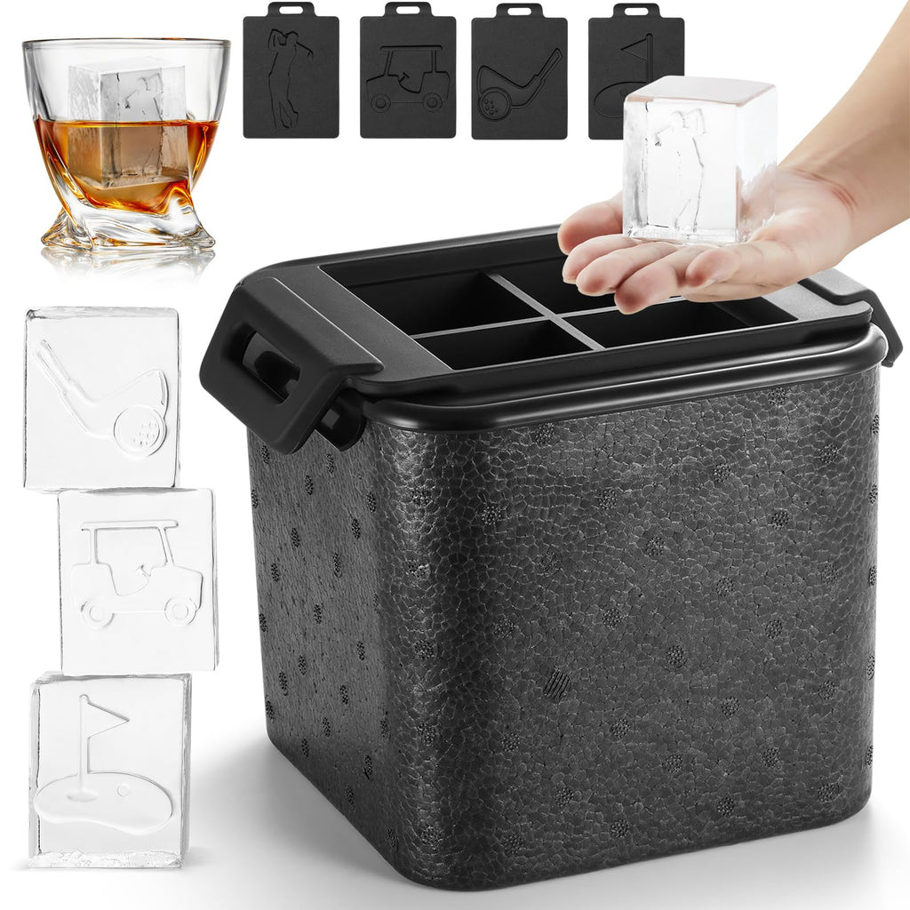 TPPICK Clear Square Ice Cube Maker Mold for Whiskey Bourbon, Golf Gifts for Men, Golf Accessories Stocking Stuffers for Men, 4 Golf Theme Ice Stamp Included