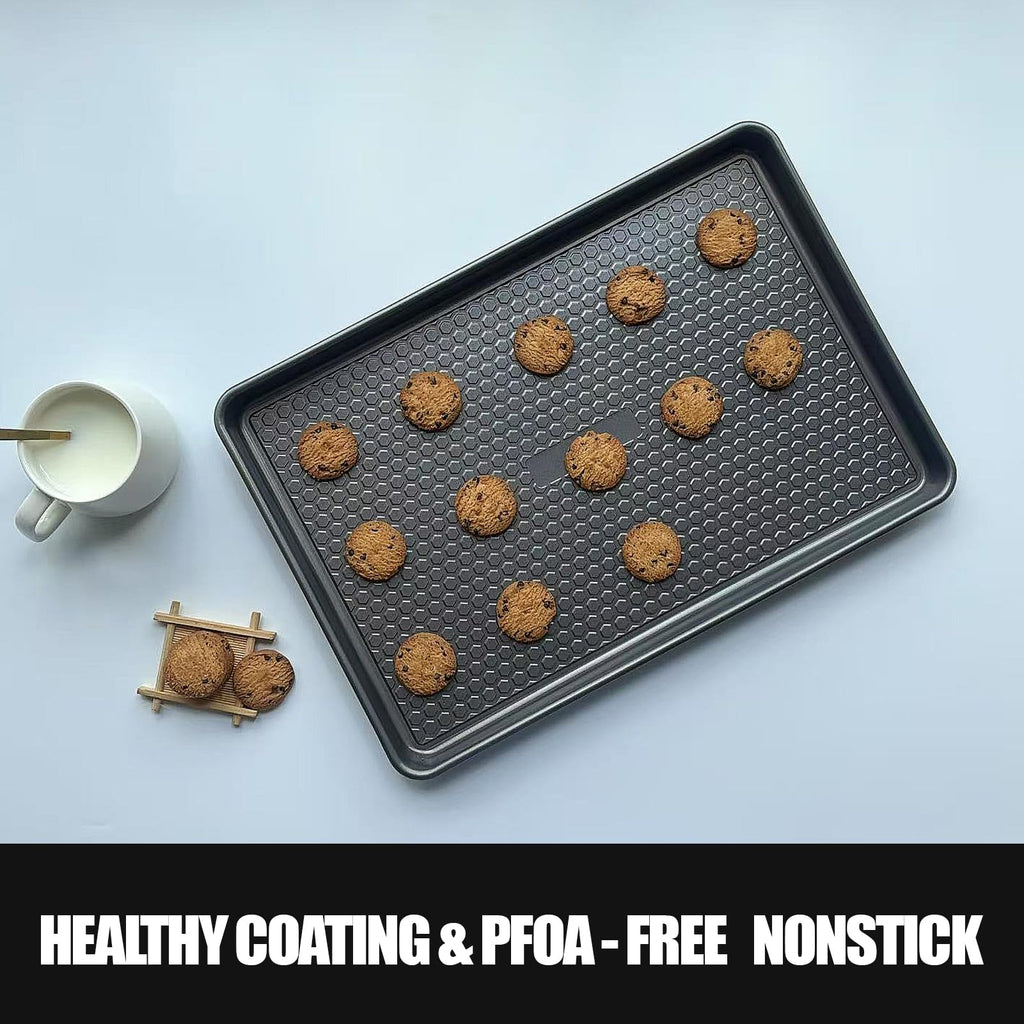 JOHO BAKING Large Baking Sheet Set (2 Pack) - Half Sheet Pan 17.7x12.2 Inch, 0.8mm Heavy Duty Carbon Steel, Nonstick & Warp Resistant Cookie Sheet for Baking, Roasting, Textured Pattern, Dark Grey