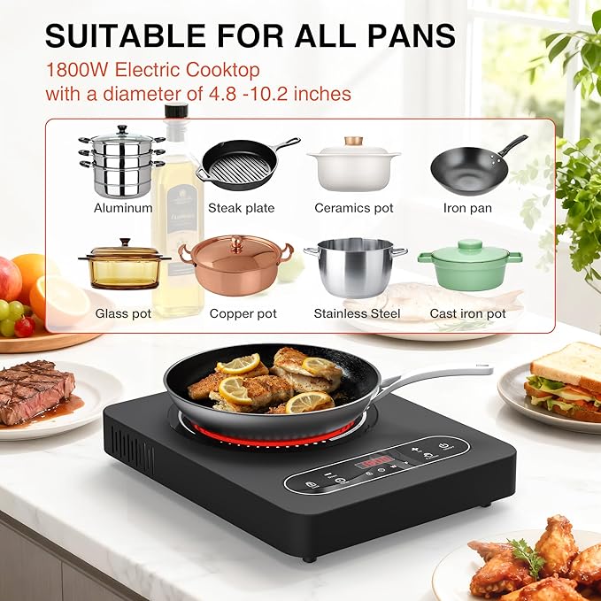Electric Cooktop 1800W, Single Burner Portable Electric Stove 110V with LED Touch Screen 10 Power Levels, Hot Plate with Child Safety Lock, Timer and Overheat protection, Compatible with All Cookware