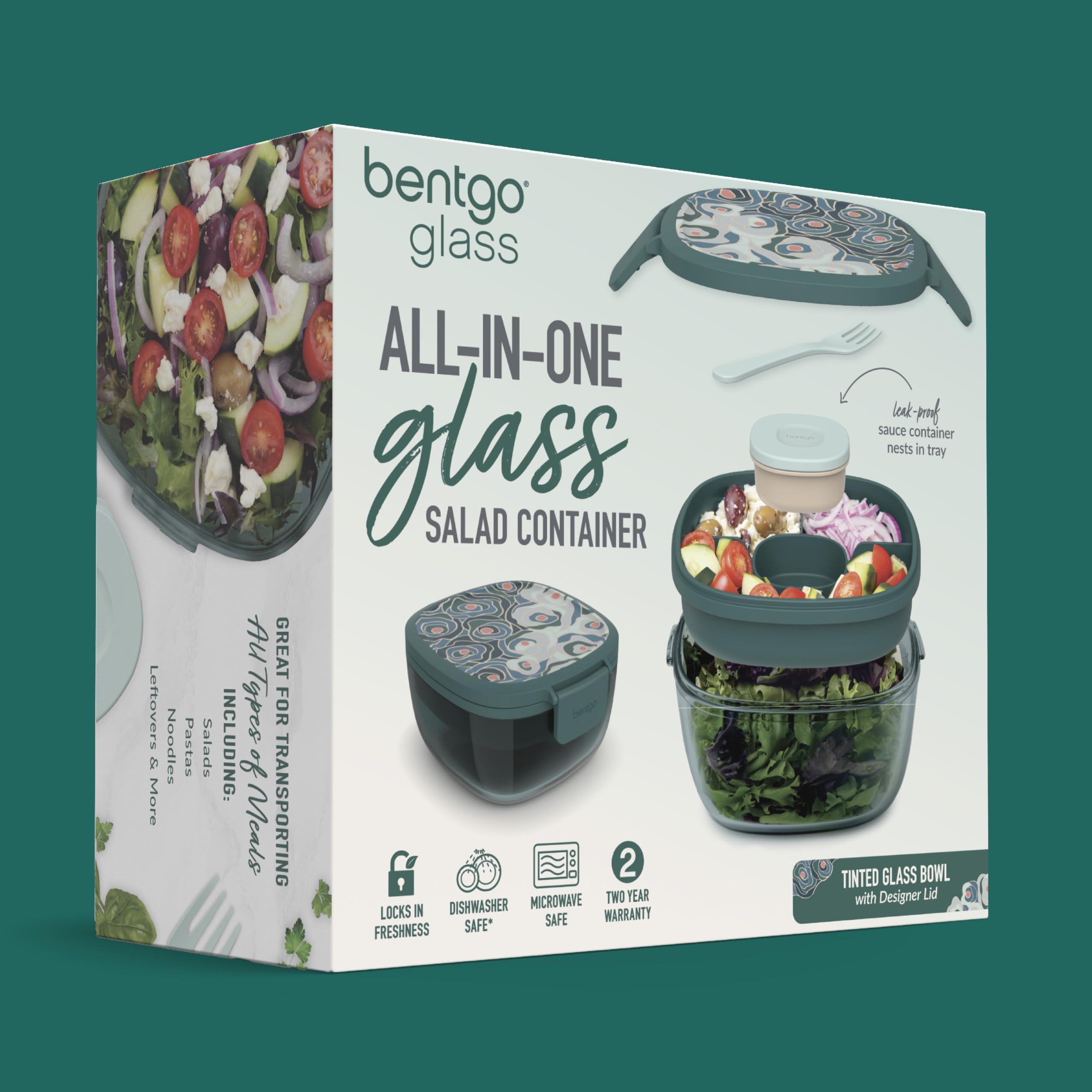 Bentgo Glass Prints Salad Container - 7.6-Cup Tinted Glass Salad Bowl with Airtight Lid, Leak-Proof Sauce Container, 4-Compartment Bento Meal Prep Tray & Reusable Fork (Floral Maximalist - Sea)