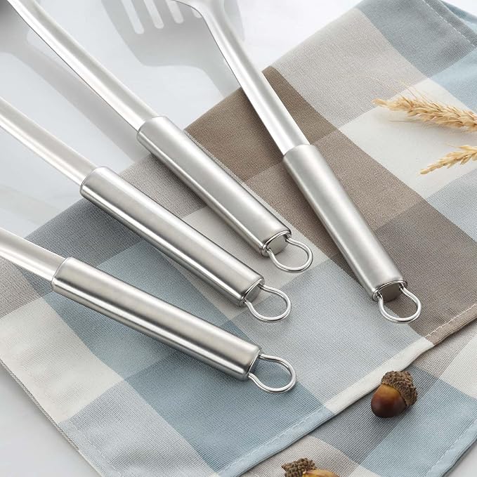 Pleafind Cooking Utensils Set - 4 Pcs Stainless Steel Kitchen Utensils Set with Solid Turner, Slotted Turner, Serving Ladle, Slotted Spoon, Wok Utensils Set with Heat Resistant Handle, Dishwasher Safe