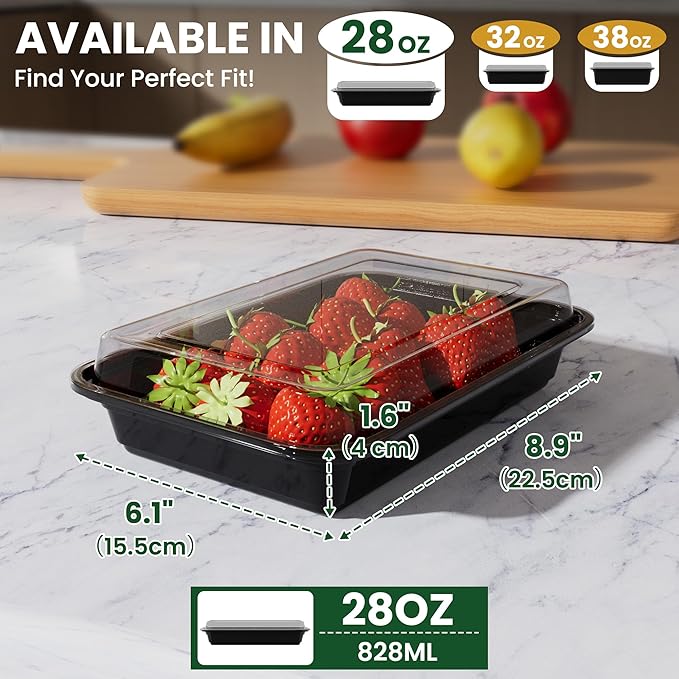 Geisoun 28oz Meal Prep Containers [50-Pack], Reusable Bento Box with Easy-Snap Leakproof Lids - Microwave, Dishwasher & Freezer Safe Food Storage, BPA-Free Plastic Lunch Containers (Black)