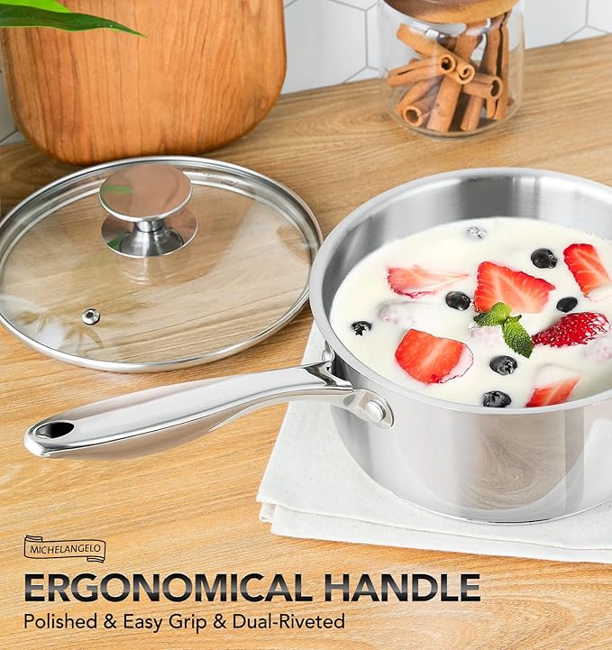 MICHELANGELO Stainless Steel Saucepan Set 1Qt & 2Qt, 18/10 Stainless Steel Pot Set, Induction Saucepan with Glass Lid, Dishwasher & Oven Safe (No Coating & Non-toxic)