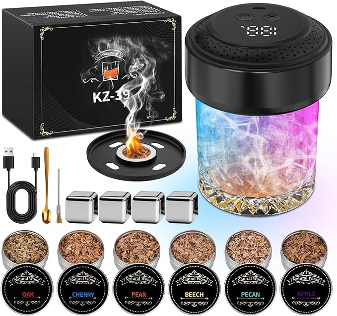 Electric Whiskey Smoker Kit, Rechargeable Cocktail Smoker Kit with 6 Wood Chips, Built-in Lighter, No Butane Needed, Old Fashioned Smoker kit，Gifts for Men, Dad, Husband (Black)