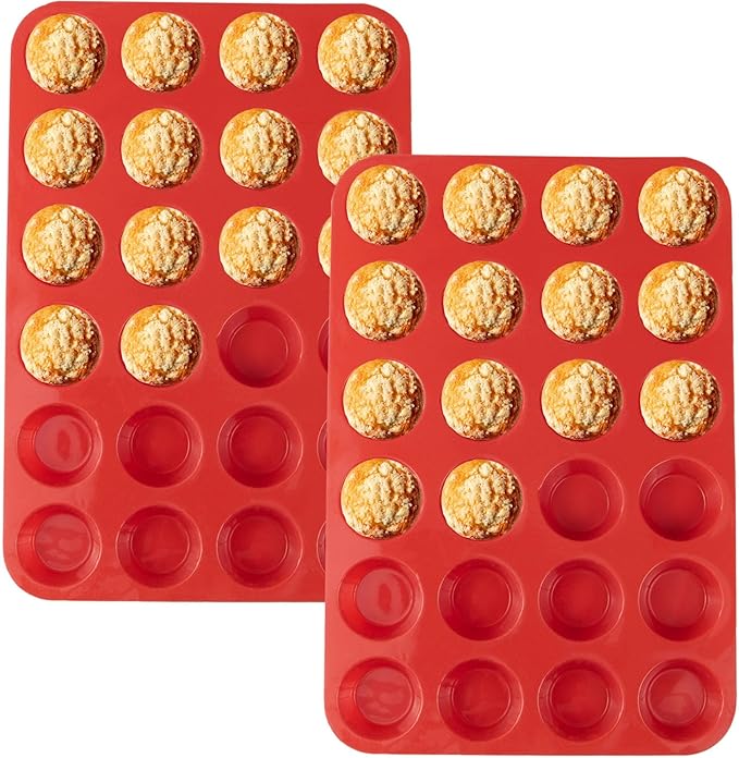 LERIYUFS 24 Cups Silicone Mini Muffin Pan Set, Nonstick Mini Cupcake Pans, BPA Free Small Muffin Tin for Baking, Set of 2 (Red+Red)