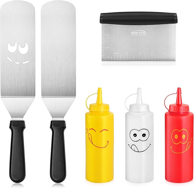 New Star Foodservice Stainless Steel BBQ/Griddle Tool Set, 6-Piece Set Includes Spatulas, Dough Scraper with Measurements, & Squeeze Bottle Set