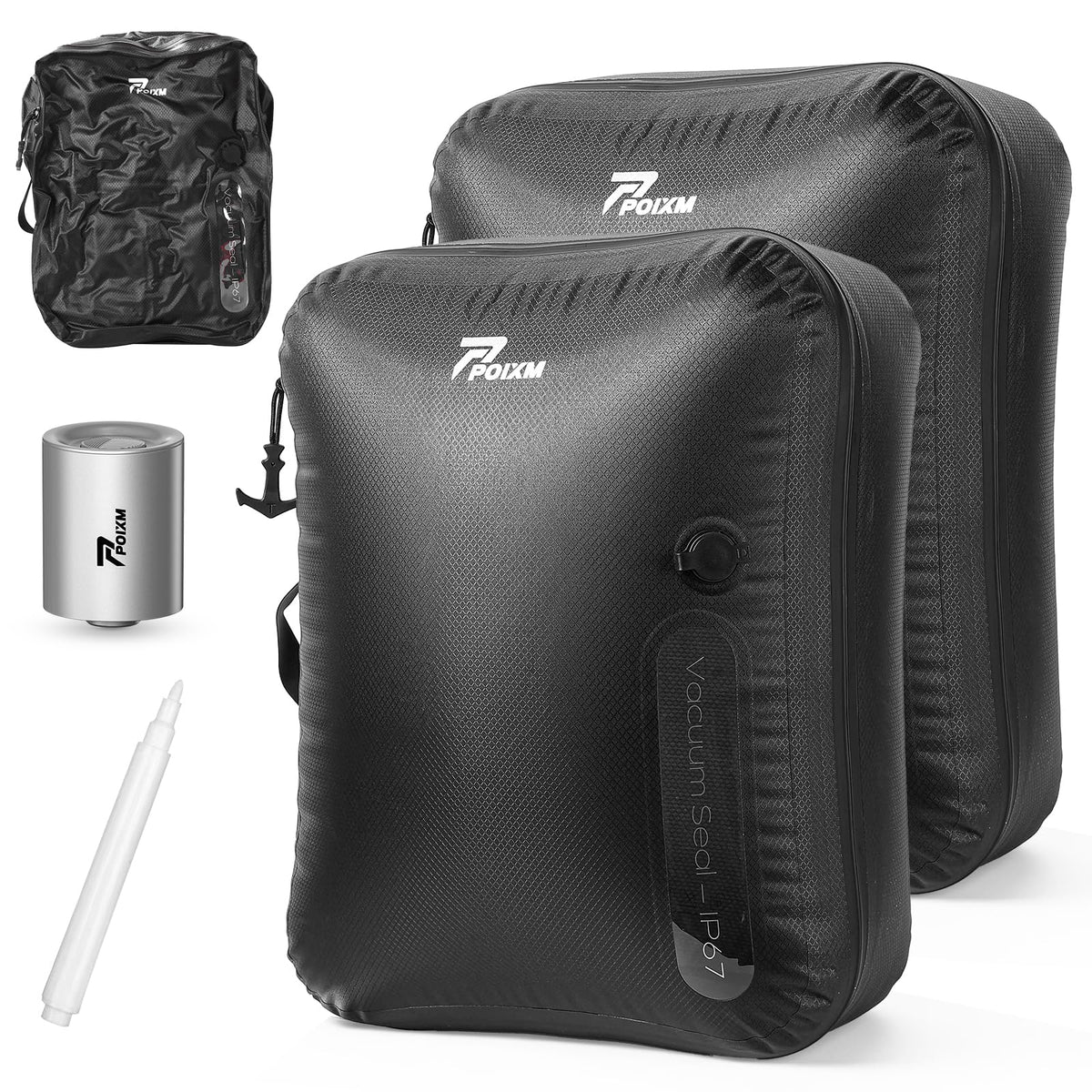 POIXM Vacuum Bags for Travel with Wireless Pump, 180° Open Zipper, IP67 Waterproof, Reusable Space Saver Compression Bags for Backpack, Suitcase, Home Storage(2 Pack + Pump)