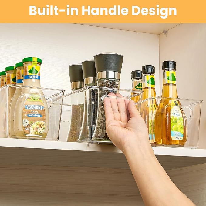 YIHONG 4 Pack Clear Storage Bins, Pantry Organizer Bins with Handle, Small