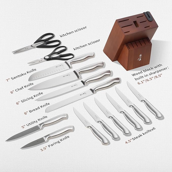 ZHANG XIAO QUAN Knife Set with Block, High Carbon Stainless Steel Sharp Blades, Built-in Sharpener Kitchen Knife Block Set for Home Cooking