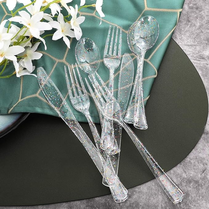 Supernal 360pcs Clear Glitter Plastic Silverware, Color Disposable Cutlery