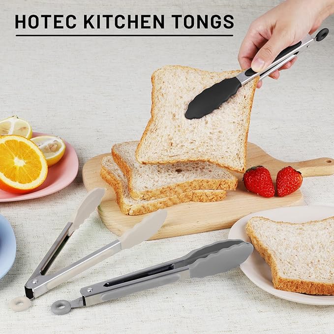 Hotec 7-Inch Mini Silicone Kitchen Tongs, Heat Resistant Non-Stick Small Serving Tongs with Silicone Tips, Food Safe Cooking Tongs Set of 3 (Black, Grey, White)