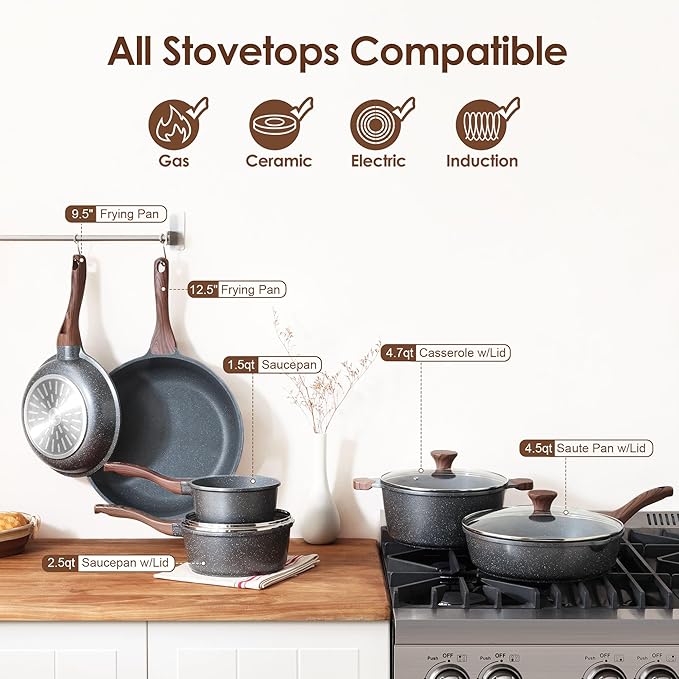 SENSARTE 16Pcs Pots and Pans Set Non Stick, Granite Cookware Set PFOA Free