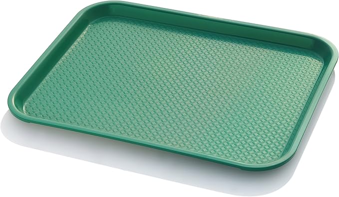 New Star Foodservice Fast Food Tray, 14 x 18 Inch Reusable Plastic Cafeteria Serving Tray, Textured Non-Slip Surface, Stackable Restaurant Tray, Green, Set of 12