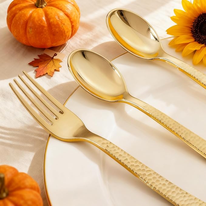 KIRE 400PCS Gold Plastic Spoons and Forks Disposable - Gold Plastic Silverware Set Disposable Spoons and Forks Set for Thanksgiving Party,Birthday